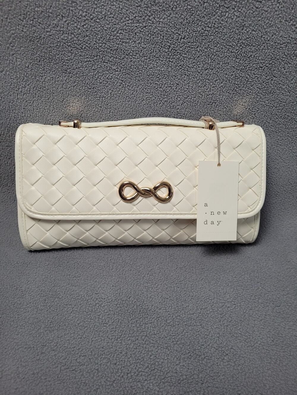 A New Day Cream Woven Quilted Clutch Handbag With Metal Embellishment NWT